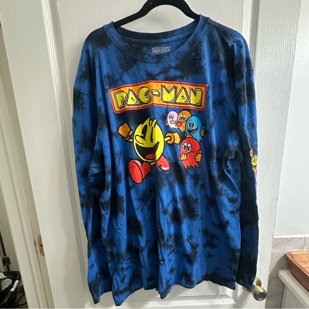 Mens Pac Man Blue Tie Dye Long Sleeve Graphic Tee Shirt Size 2XL Retro